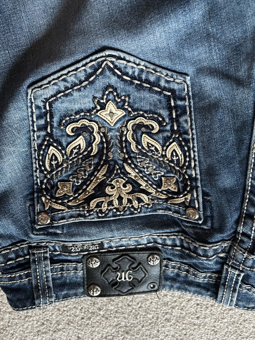 Miss Me Blue Embroidered Blingy Boot Cut Jeans with Gold Accent Stitching